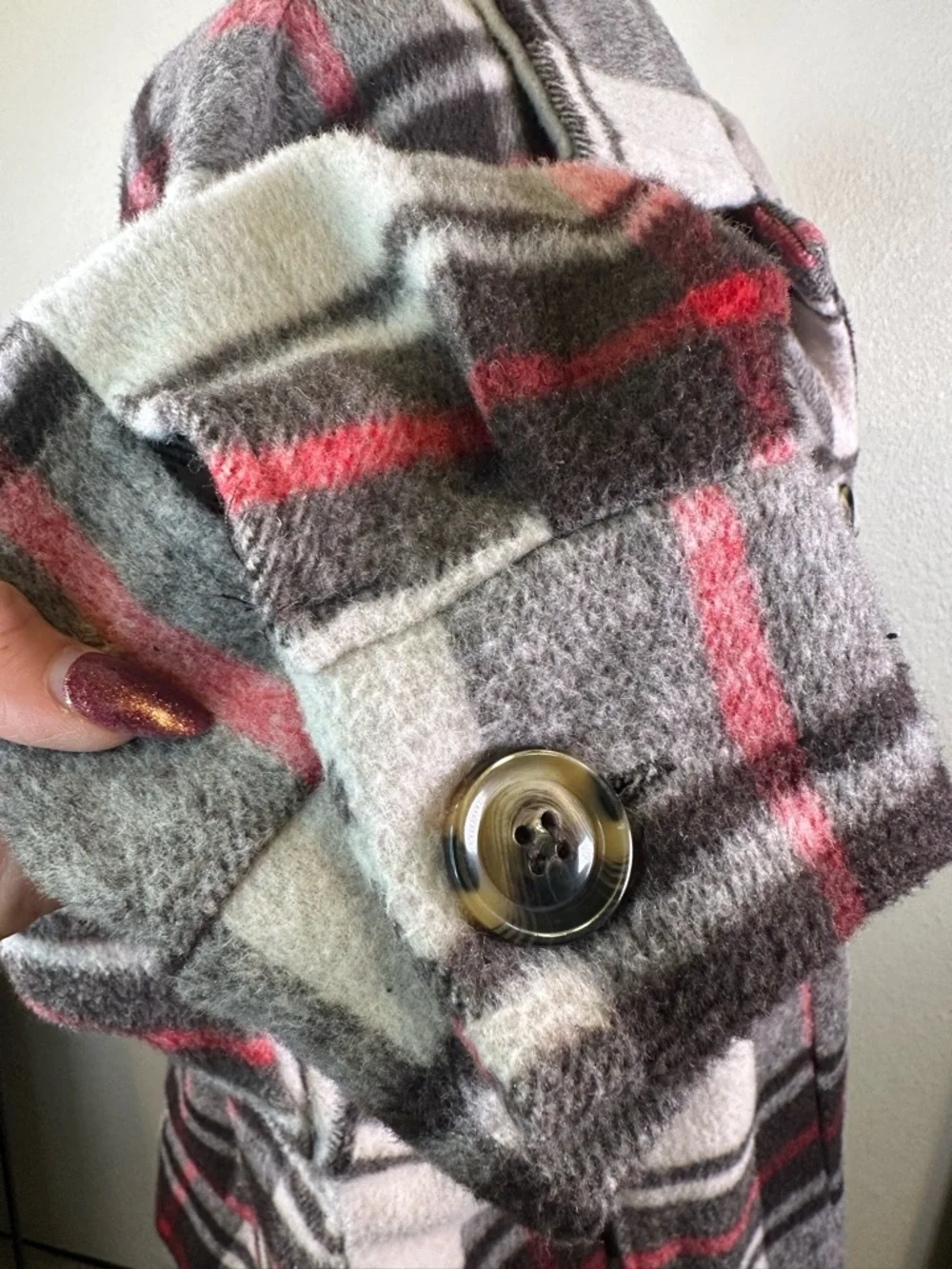 #147 - LuLaRoe Plaid Utility Shacket in Gray, White & Red - Picture 7 of 13